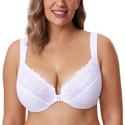 Women's Plus Size Front Closure Bras Lace Full Coverage Underwire Unlined Plunge Bra B C D DD E F