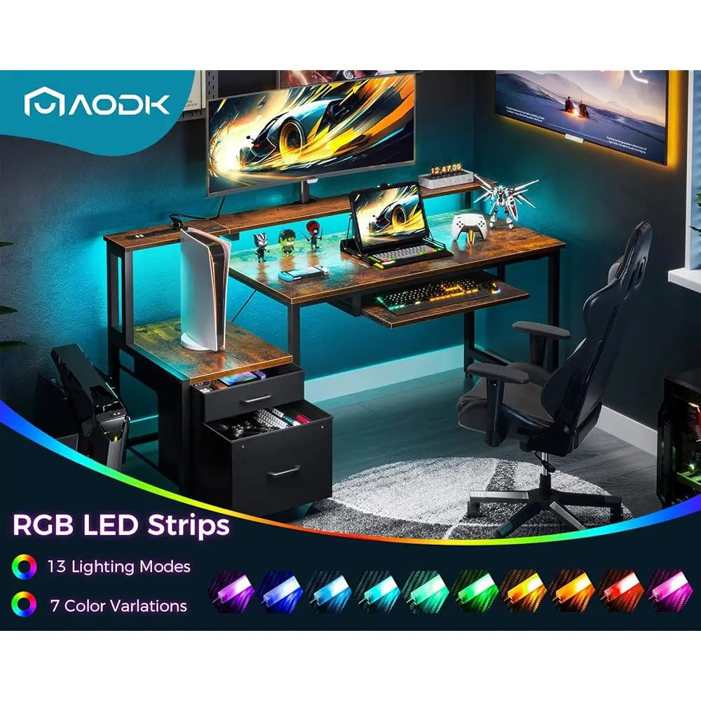 55"" Computer Desk With Fabric File Cabinet And Drawer, Reversible Office Desk With Power Outlet And Led Light, Study Desk With