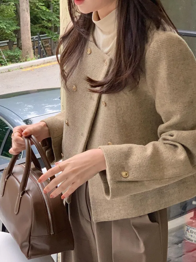 Dongda Gate Design Thiened ort Casual Coat round Ne Double Button Commute Women's Top Polyester Fiber Long Sve