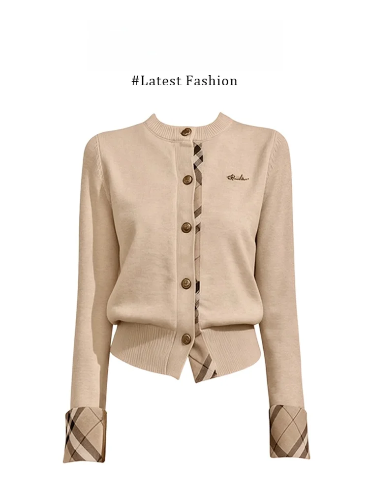 British Style Plaid Color Block round Neck Knitted Cardigan Women's Winter New Style Fake Two-Piece Top City Walk Long Sleeve