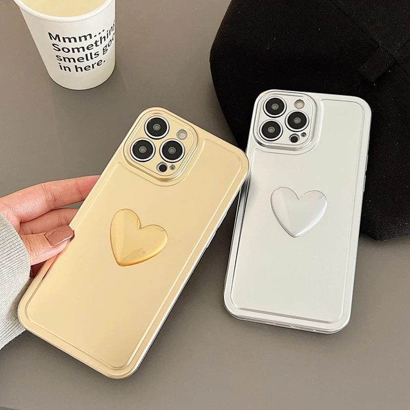 Luxury Electroplated Love Heart Phone Case For iPhone 11 12 13 14 Pro Max Plus Matte Bumper Soft Silicone Gold Cases Cover