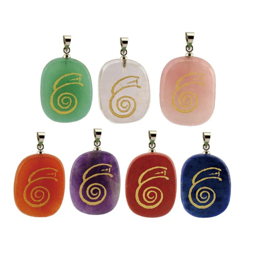 

Natural Stone 7-color Chakras Oval Pendant Handmade Carve Japanese DAI KO MYO Reiki Symbol Jewelry Energy Stone Necklace