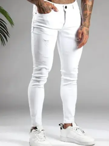 Jeans bianchi skinny slim fit elasticizzati per uomo Pantaloni stretti in denim strappato lavato alla moda Streetwear Abbigliamento da uomo