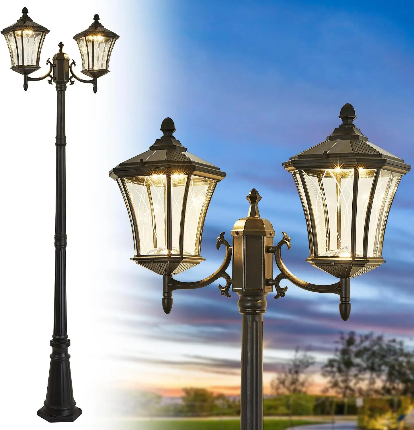 Solar Lamp Post Lights with Dusk to Dawn Sensor, Waterproof Led 2-Head Solar Street Lights,