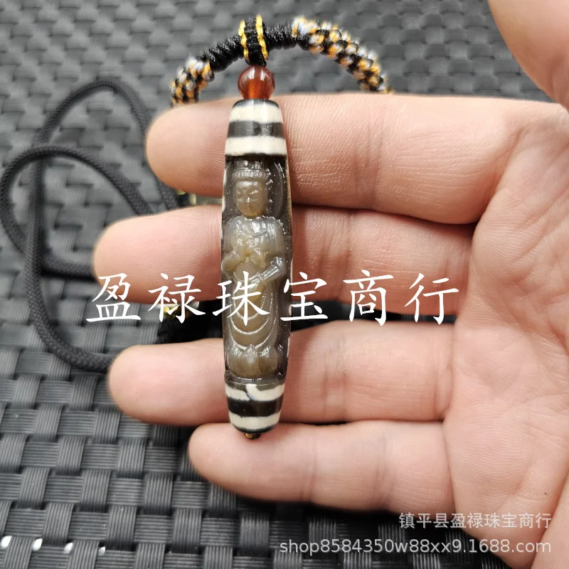 Patina Guanyin Dzi Bead Jade Pendant Black And White Agate Oval Necklace Sweater Chain