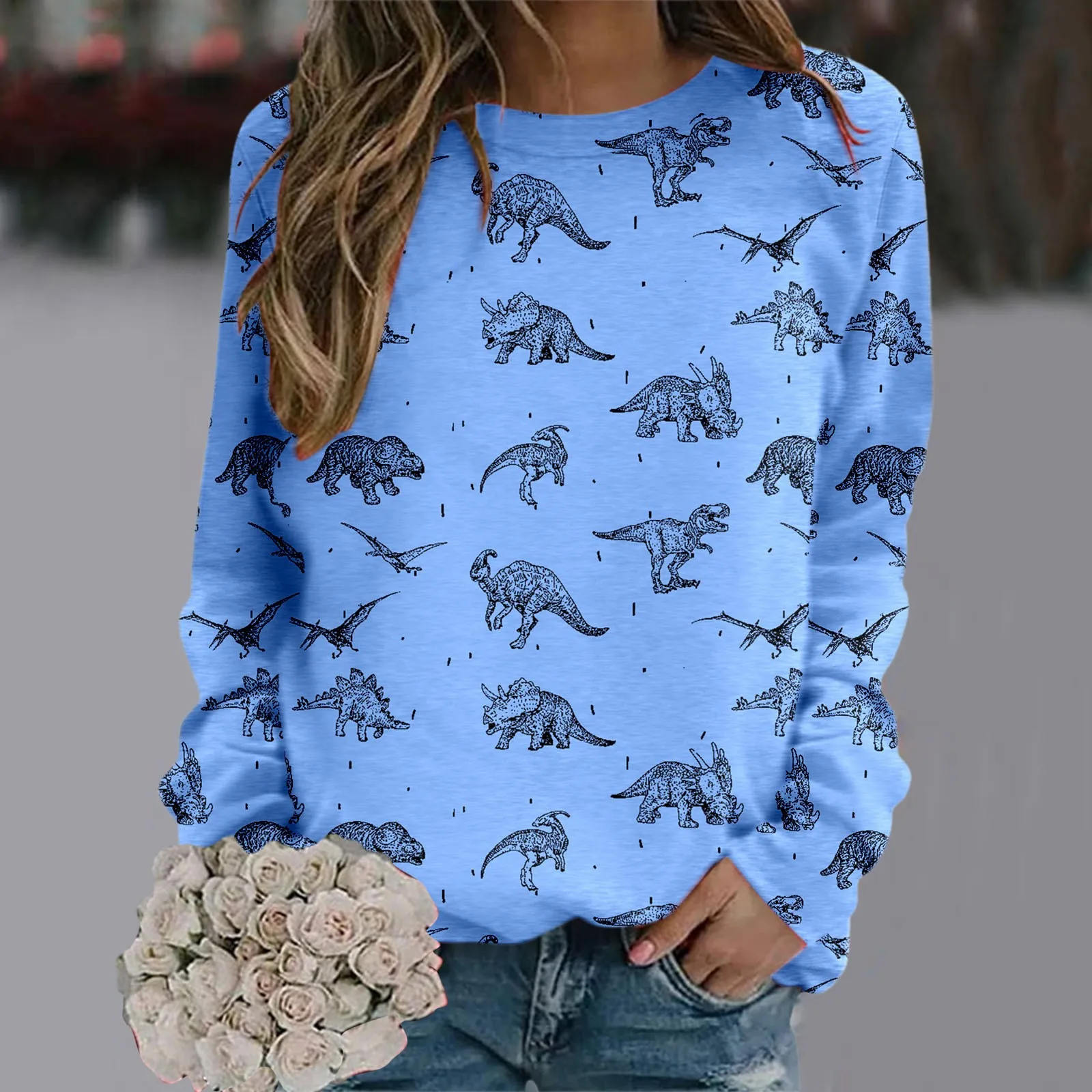 

Cute Dinosaur Print Sweatshirts Women Round Neck Long Sleeve Sweatshirts Blouse Tops Streetwear Graphic Female Kawaii Hoody Top