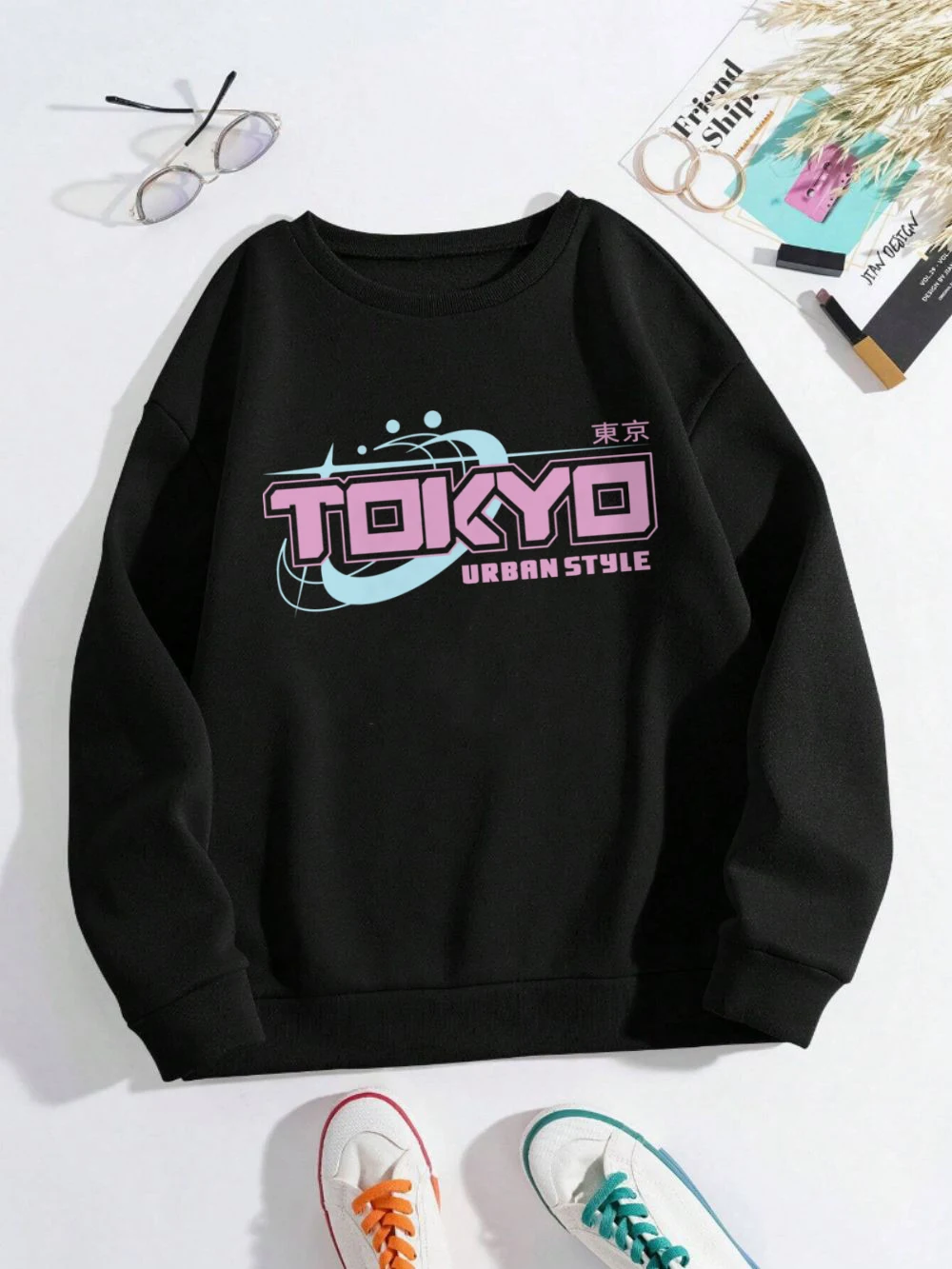 Tokyo Urban Style Sweatshirts Womens Letter Printed Hoodies Crewneck Loose Fleece Warm Tops Street Comfortable Woman Clothes