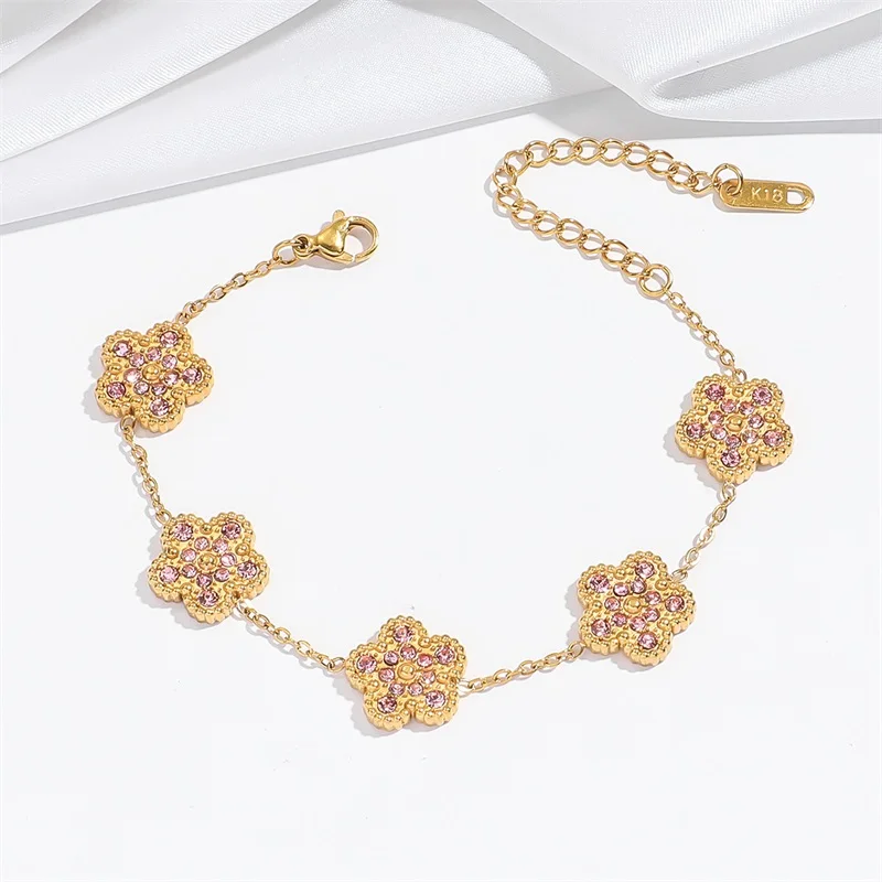 EILIECK New Fashion Stainless Steel Pink Zircon Clover Necklace Bracelet Earrings Set For Women Trendy Flower Jewelry Set Gift