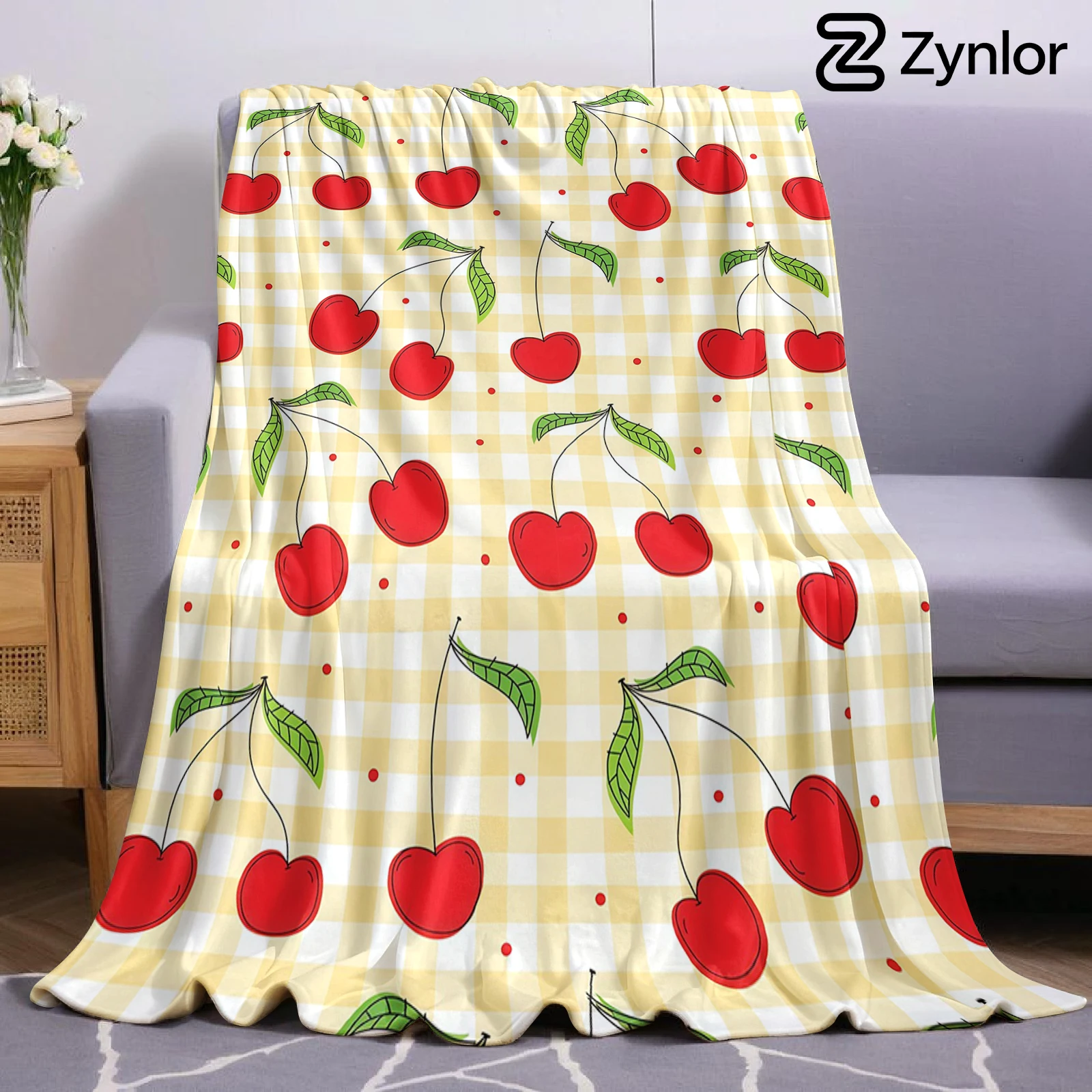 Gingham Cherry Grid Lightweight Microfiber Soft Christmas Fleece Blanket Warm Cozy Throw for Bed Sofa Office Travel All Season