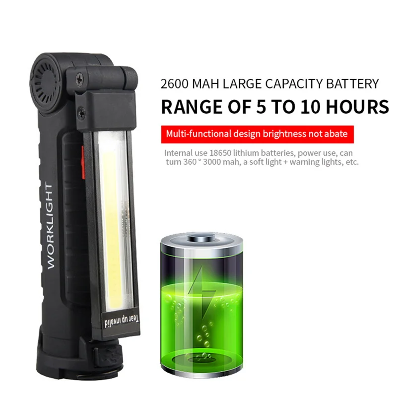 USB recarregável Flash Light, COB tocha, cauda Magnet trabalho luzes, portátil Camping lanterna, LED trabalhando lâmpada, lanterna, 5 modos