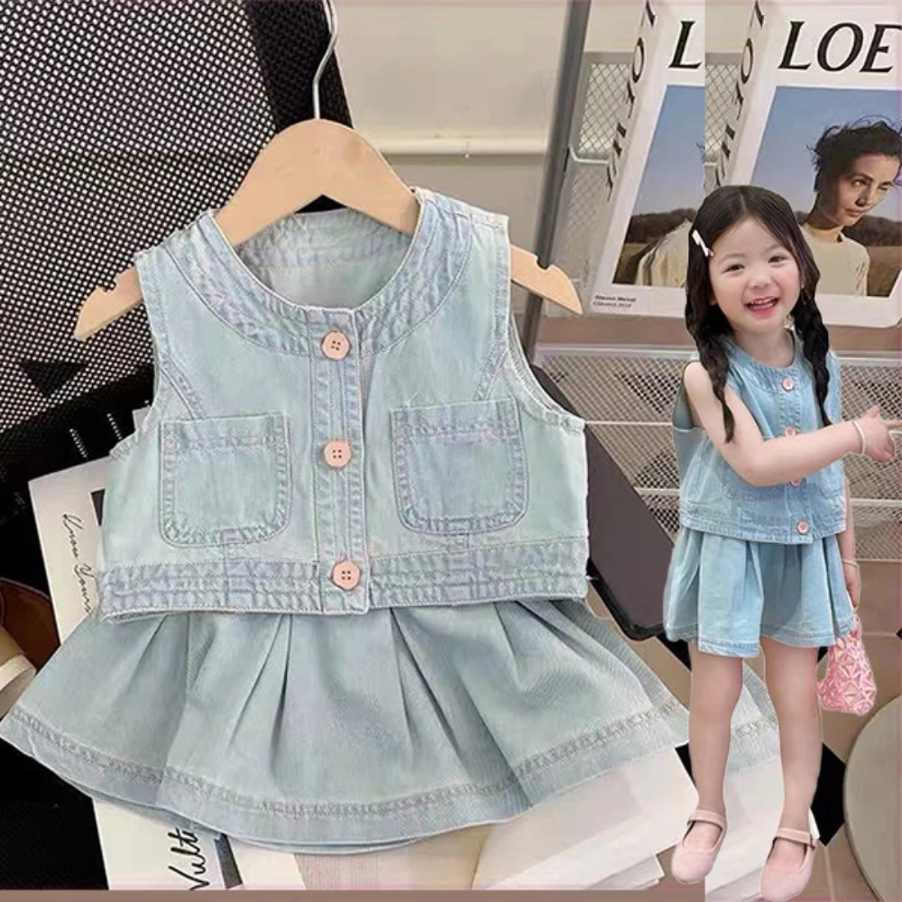 Fashion Sleeveless Denim Round Neck Single Breasted Vest Tops + Pleated Skirt 2 Pcs Set Summer Girl Solid Color Casual Clothes
