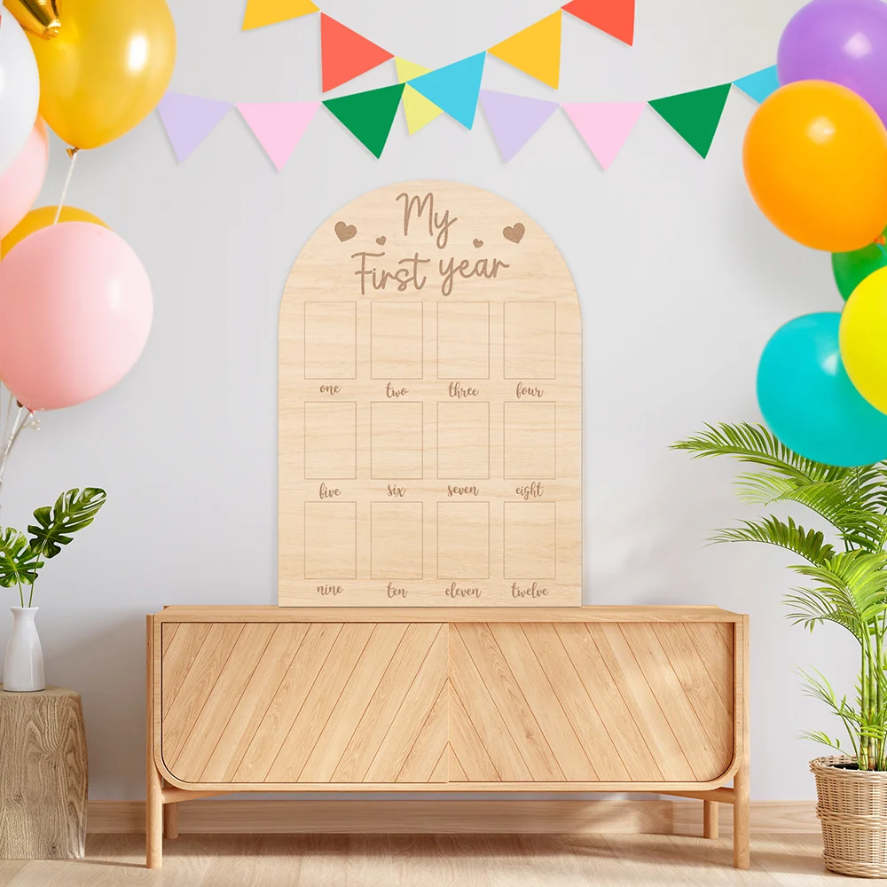 

Baby First Year Photo Board - Wooden Milestone Display 30x42.3cm, 12 Monthly Slots, Heart Design, Natural Wood Nursery Decor