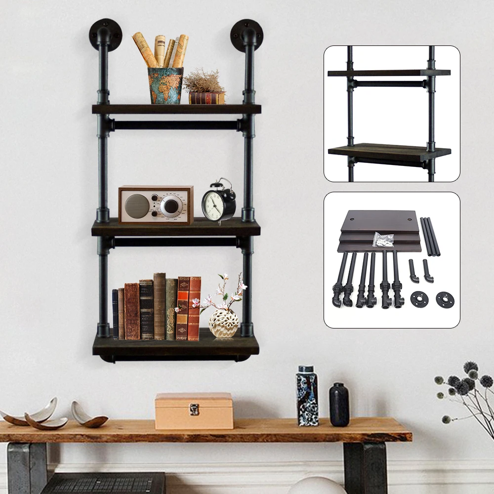 Industrial 3-Tiered Wall Mounted Pipe Shelf Rack Multipurpose Metal With Reclaimed Wood Finish