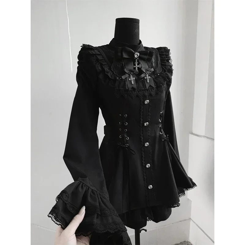 

Japanese Lolita Two Pieces Set Harajuku Vintage Patchwork Lace Bandage Blouse Women Y2k Aesthetic Grunge Fairy Shorts Suit