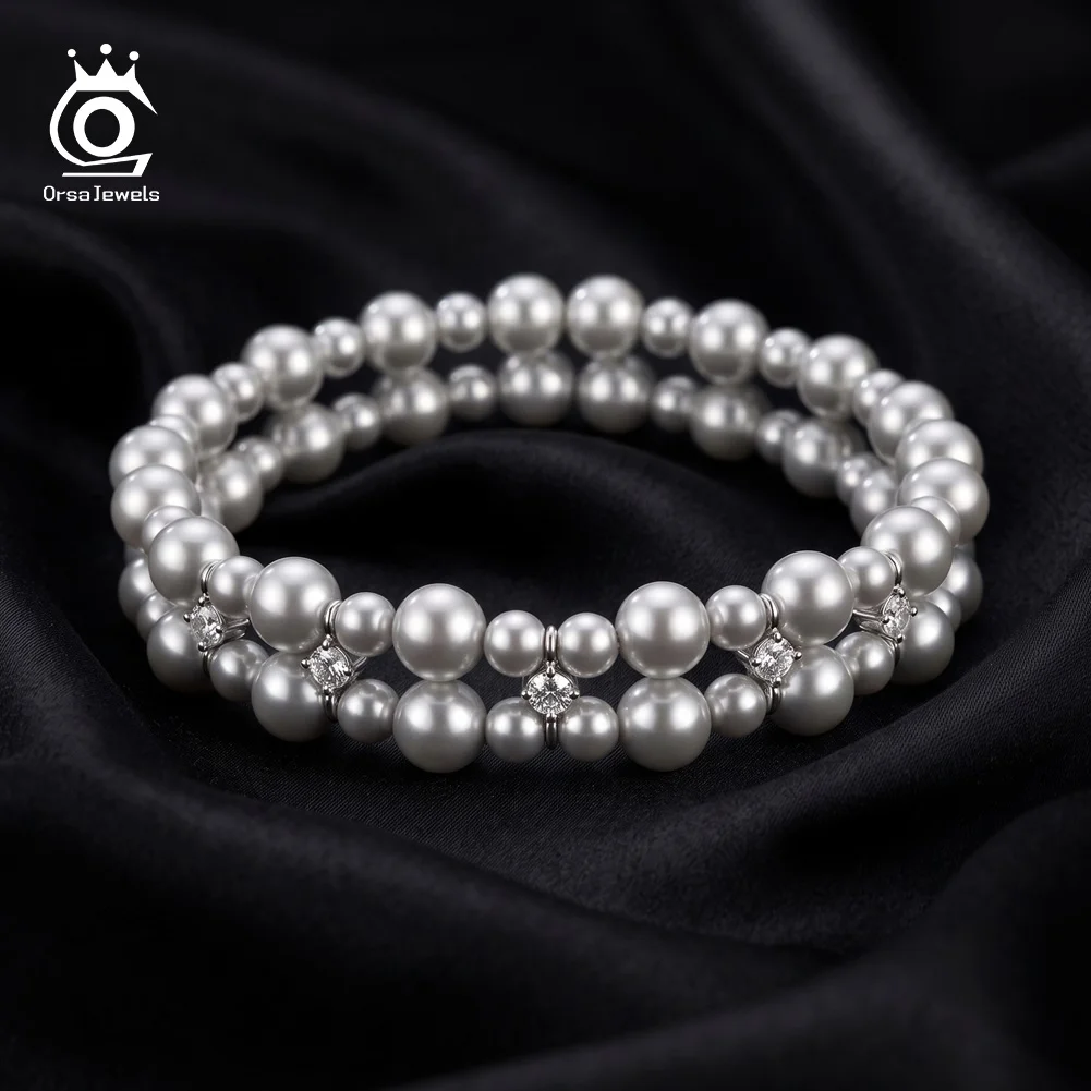 ORSA JEWELS 925 Sterling Silver Double Layer Shell Pearl Bracelet for Women Sparkly Elegant Stackable Pearl Bangle Jewelry PSB10