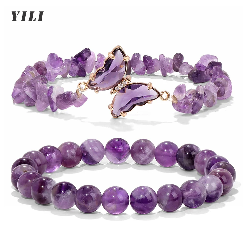 

Amethyst Bracelet for Women Anxiety Amethyst Beaded Bracelets Butterfly Charms Healing Stone Layered Bracelet Gifts For Women