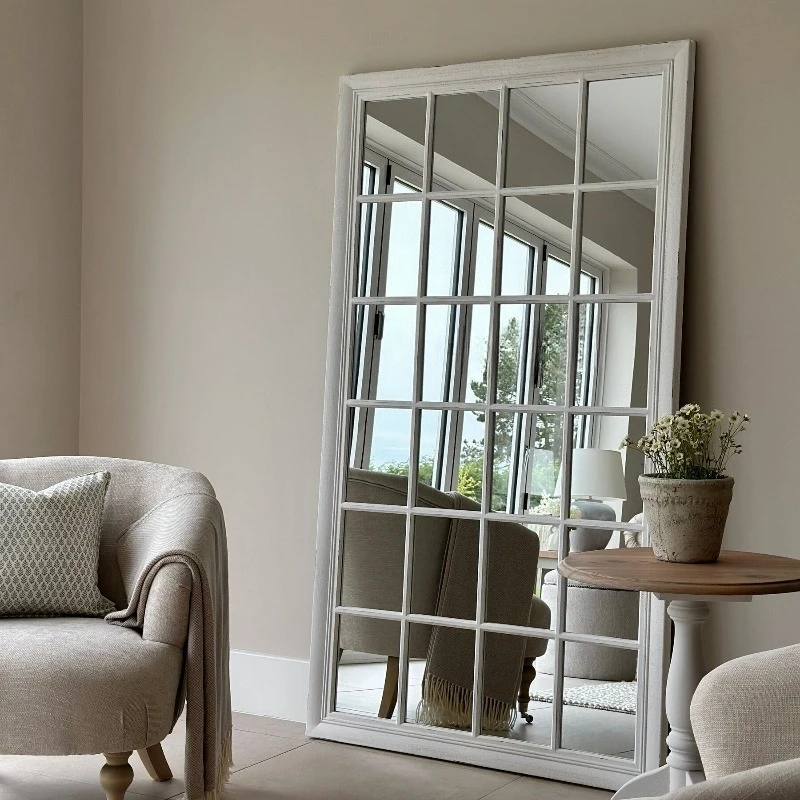 Retro decorative mirror square floor mirror home entry living room background against the wall square grid full body mirror