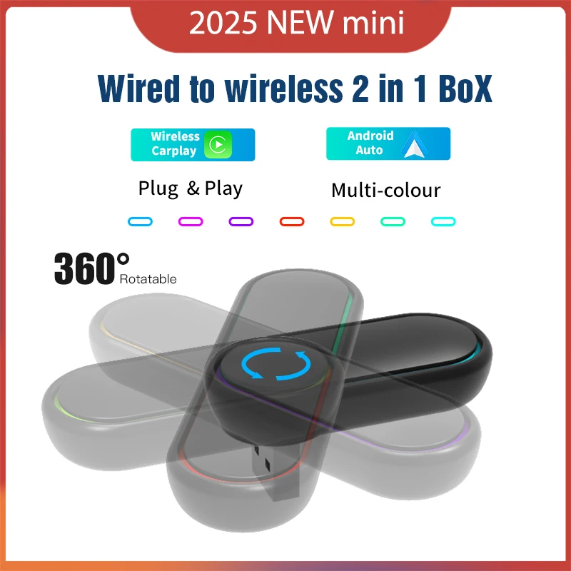 2025 New 360° Rotatable Wireless CarPlay Android Auto Wireless Adapter Mini Box Plug and Play , Wifi Fast Connection No Shade