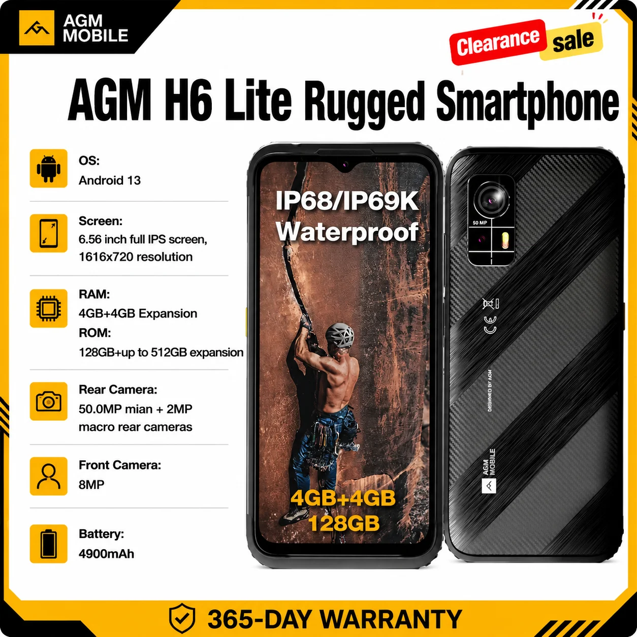 AGM H6 Lite Rugged Smartphone 4GB+128GB 50MP Camera 6.56 