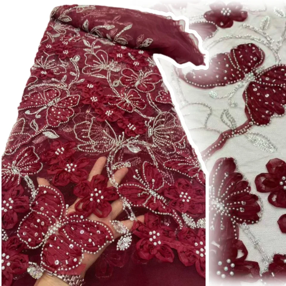 

3D African Beaded Lace Fabric 2026 High-Quality Nigerian French Sequined Lace Suitable for Women's Wedding Party Dresses 2279