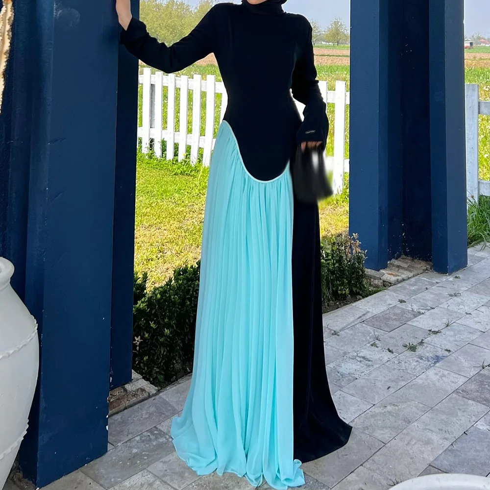 

Customized A-Line Prom Dresses Floor-Length High-Neck Full Sleeve Evening Gown Simple Fashion Draped Casual Party Gown