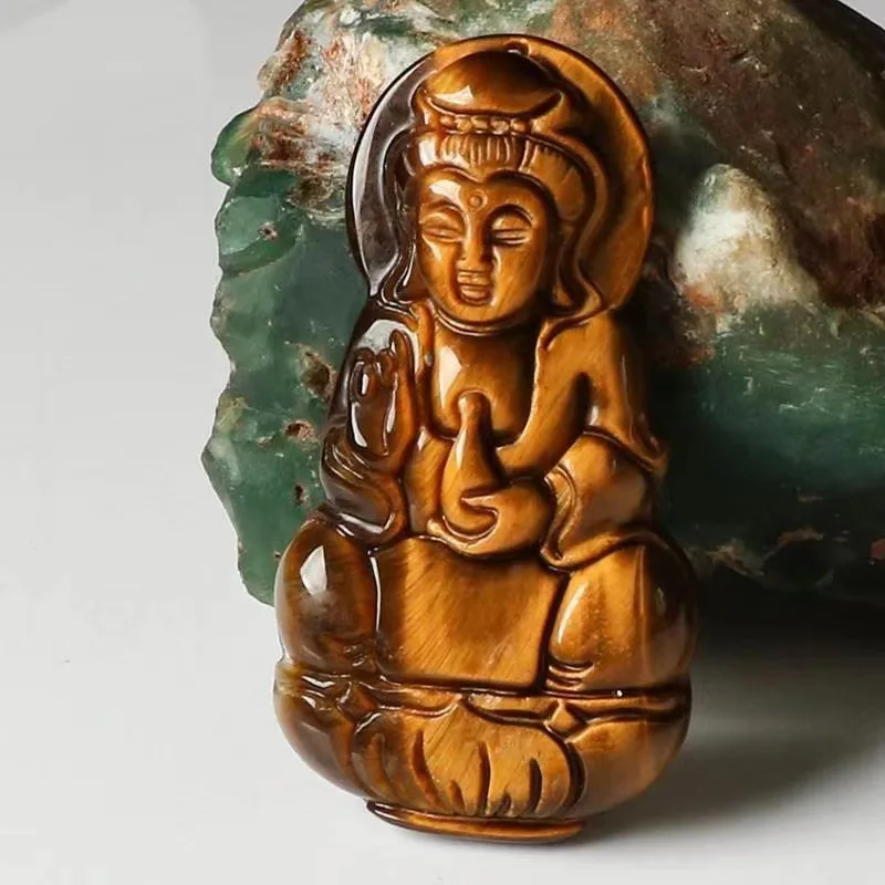 Natural Tigers Eye Crystal Healing Stones Buddha Guanyin Bodhisattva Pendant Necklace Men Women Lucky Charms Amulets Gifts