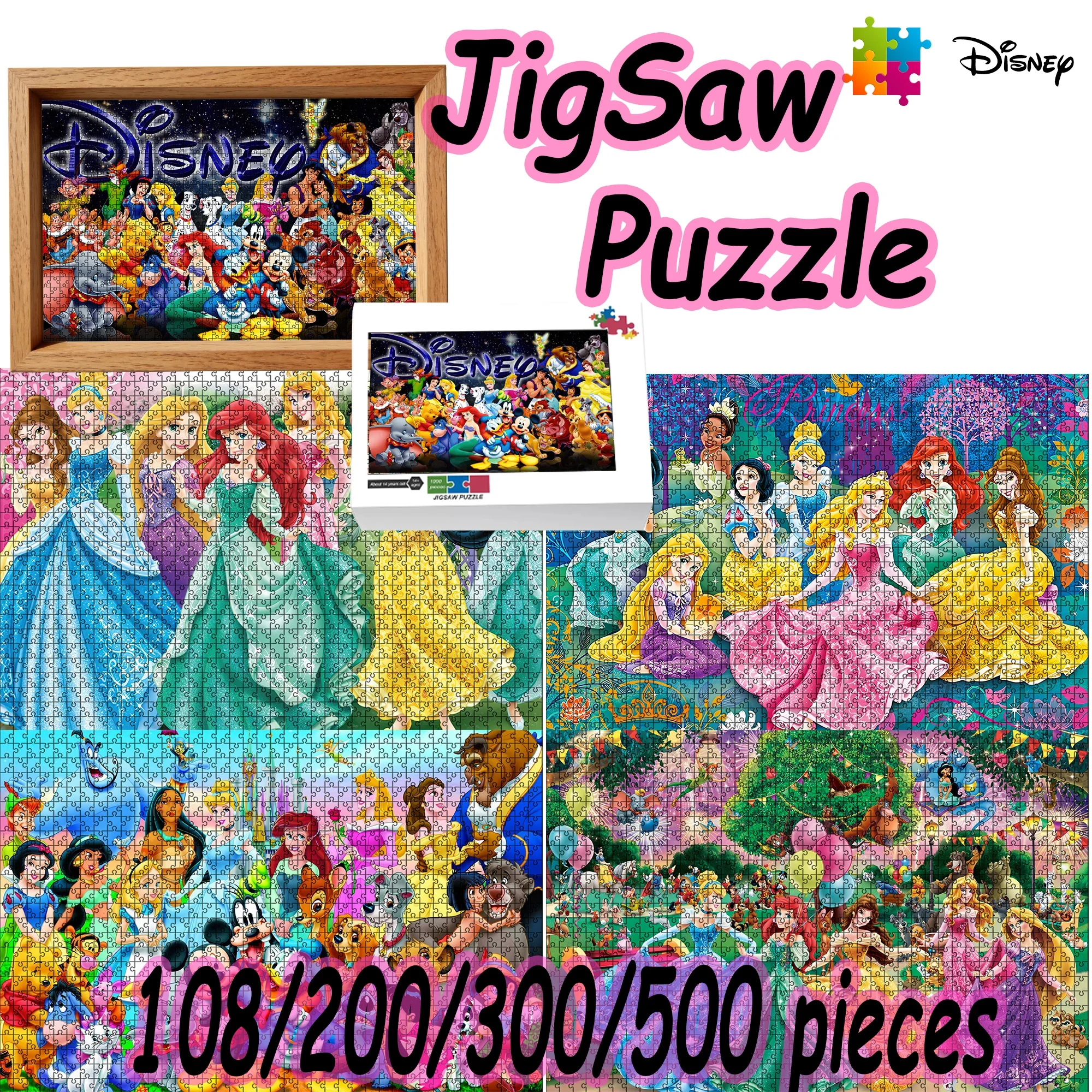 Rompecabezas de Princesas Disney de 108/200/300/500/1000 Piezas, Rompecabezas de Madera de Alta Calidad, Regalo Divertido para Fiestas