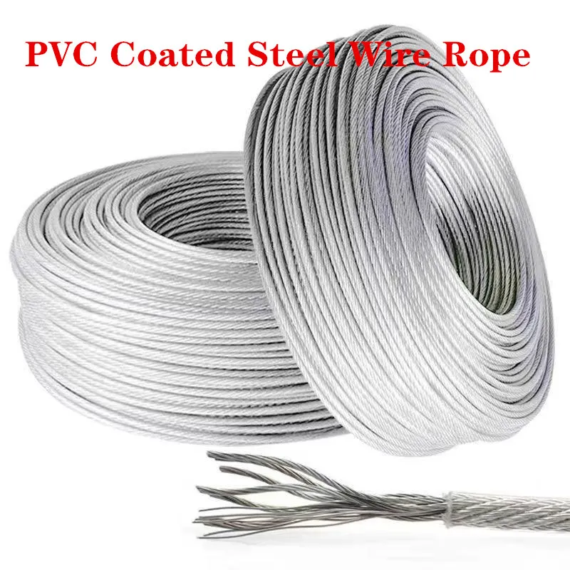 

100 Meters wire Rope PVC Transparent Coated Cable Steel rope Clothesline Diameter 0.5mm 1mm 1.5mm 2mm 3mm 4mm 5mm 6mm 8mm