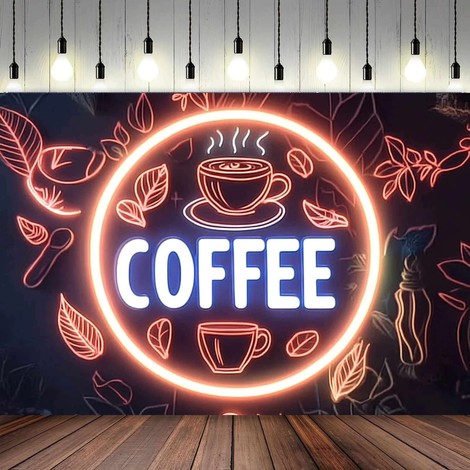 قطعة واحدة من لافتة قهوة نيون بخلفية بوليستر، حروف "قهوة" متوهجة وأنماط حبوب القهوة، ديكور مقهى