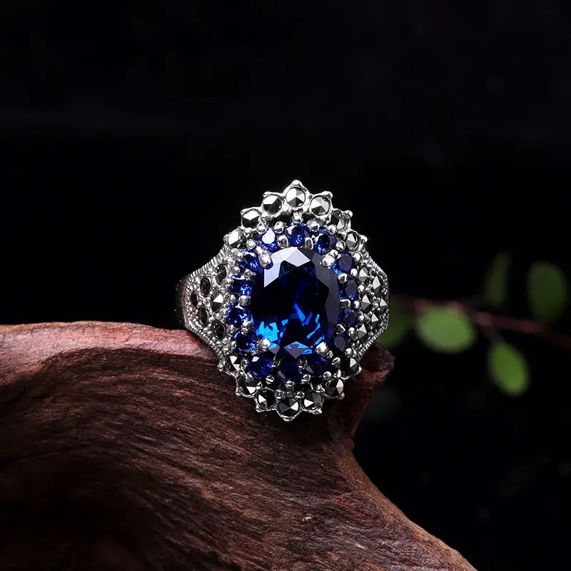 BOCAI NEW S925 Sterling Silver Jewelry Niche Temperament Cut Pomegranate Red Blue Corundum Engagement Ring Valentine's Day
