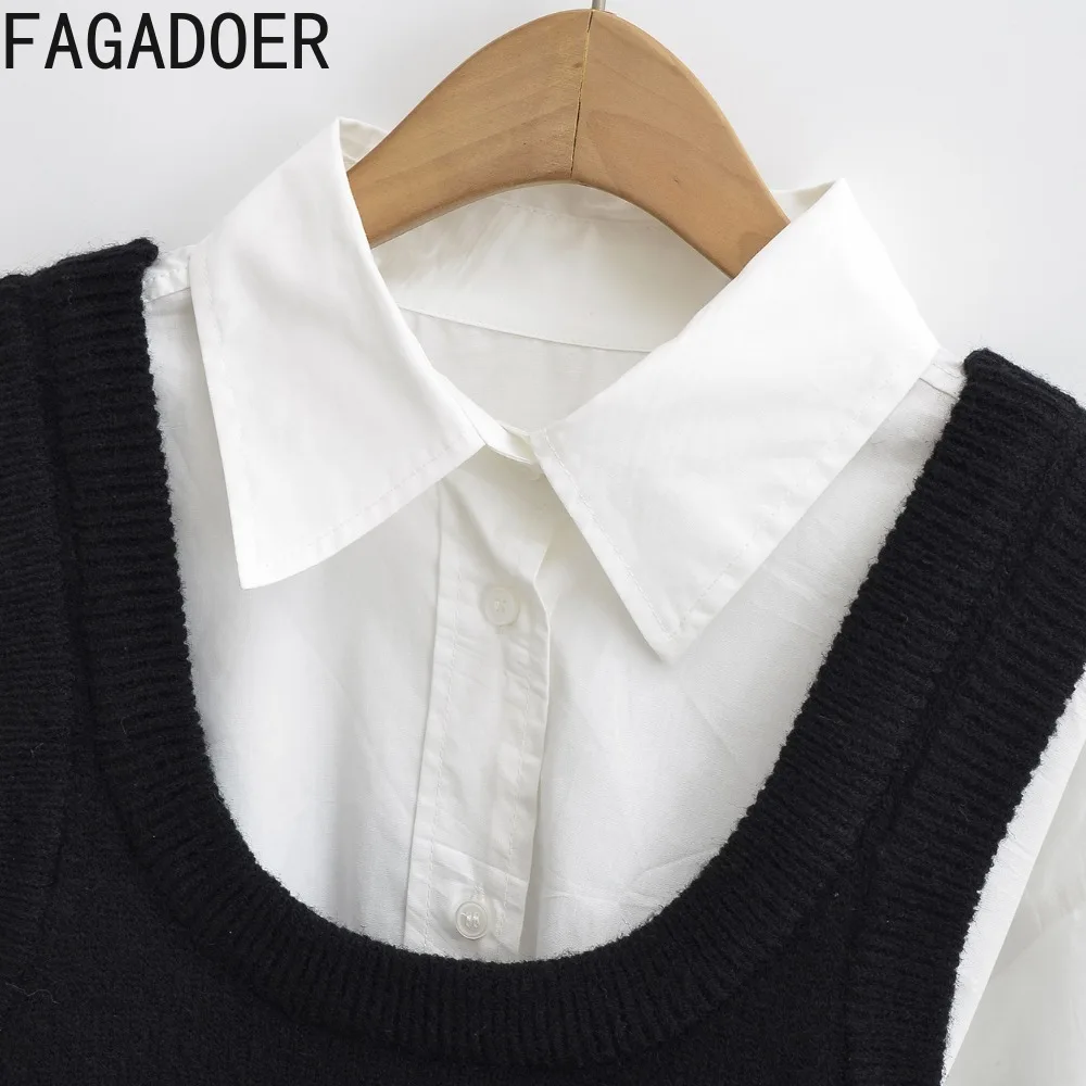 FAGADOER Sweet 3pcs Sets Women Outfit Preppy Style Patchwork Crop Shirt + Knitt Vest + Pleated Mini Skirt Suits Streetwear