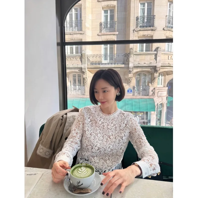 

Ele round Ne Long Sve Lace irt Women's Faion Spring New Sle Charming Translucent Heavy Embroidery Korean Sle...