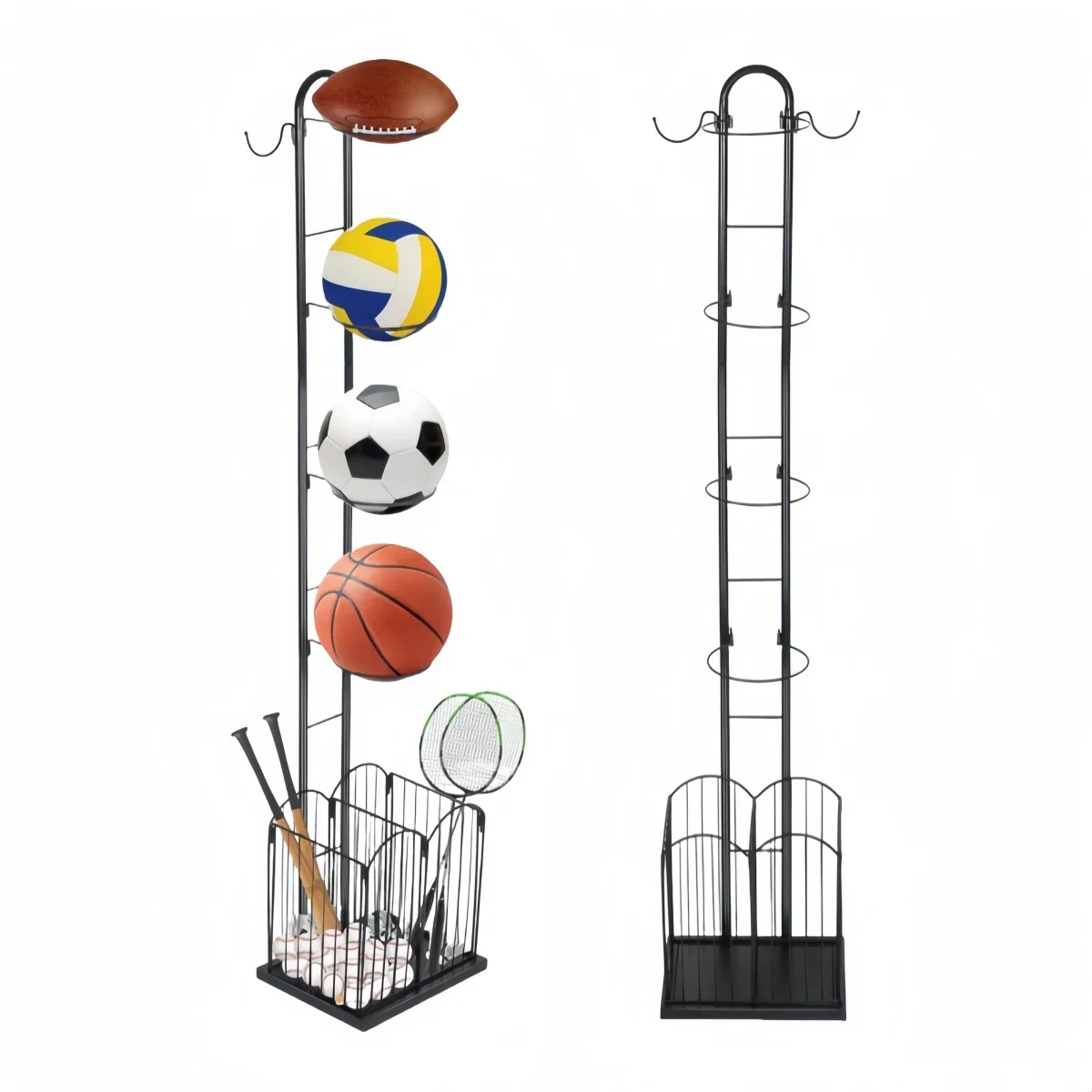 

Large Capacity Black Ball Storage Rack Home/School Upright Basketball Organizer Hooks Hoops Garage Sports Living Room Furniture