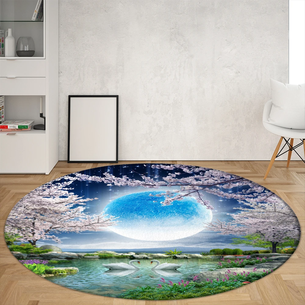 Night Scenery Round Rugs Sakura Elk Sofa Carpet Home Living Room Bedroom Bathroom Floor Mats Print Decorate Carpet