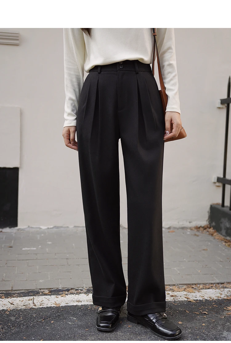 ハイウエストウール風パンツ レディース 厚手 暖かい ワイドレッグパンツ エレガント 冬用 ルーズフィット テーラードスラックス デイリーシックスタイル