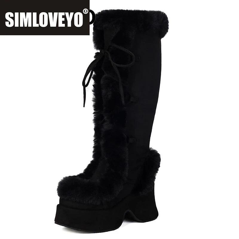 

SIMLOVEYO модные женские зимние зимние ботинки с круглым носком на массивном каблуке 8,3 см на платформе 4,3 см, на шнуровке, пушистые, теплые, до колена, 42 43