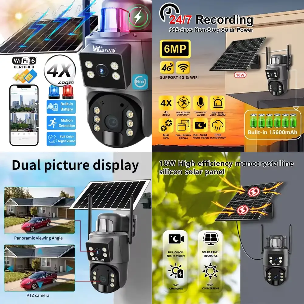 

3K 6MP Outdoor Dual Lens Wireless PTZ Security Camera for Ubox with 4X Zoom PIR Human Detection 24/7 Recording Solar