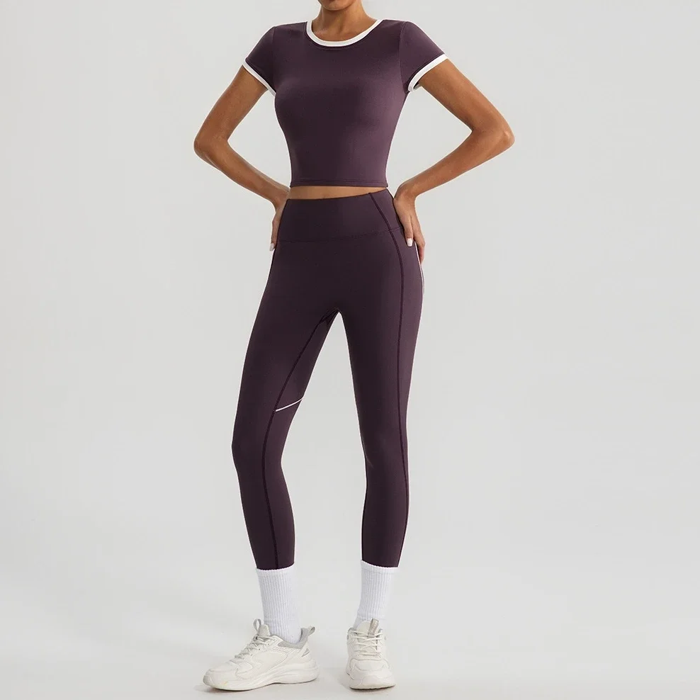 

2 Pieces Workout Women Yoga Set Sportswear Gym Clothing Tracksuits Fitness Short Sleeve Crop Top High Waist Leggings Sports Set