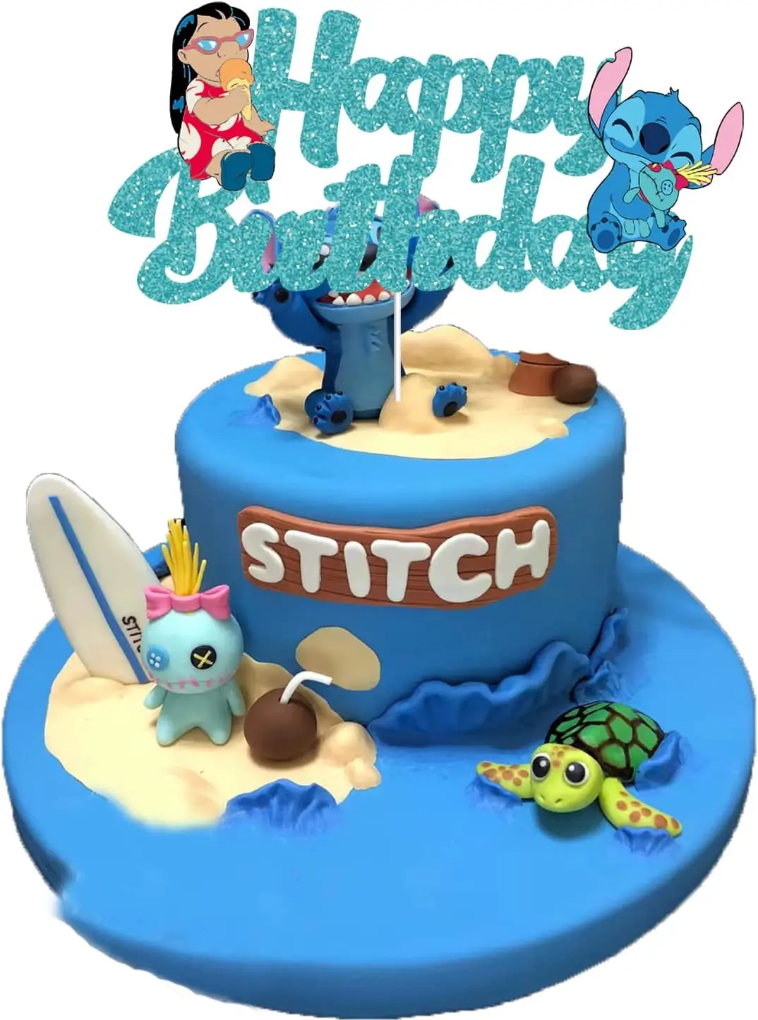 Lilo & Stitch Blue Glitter Cake Topper Happy Birthday Decors for Kids Birthday Party Baby Shower Sign Decorations Double-side