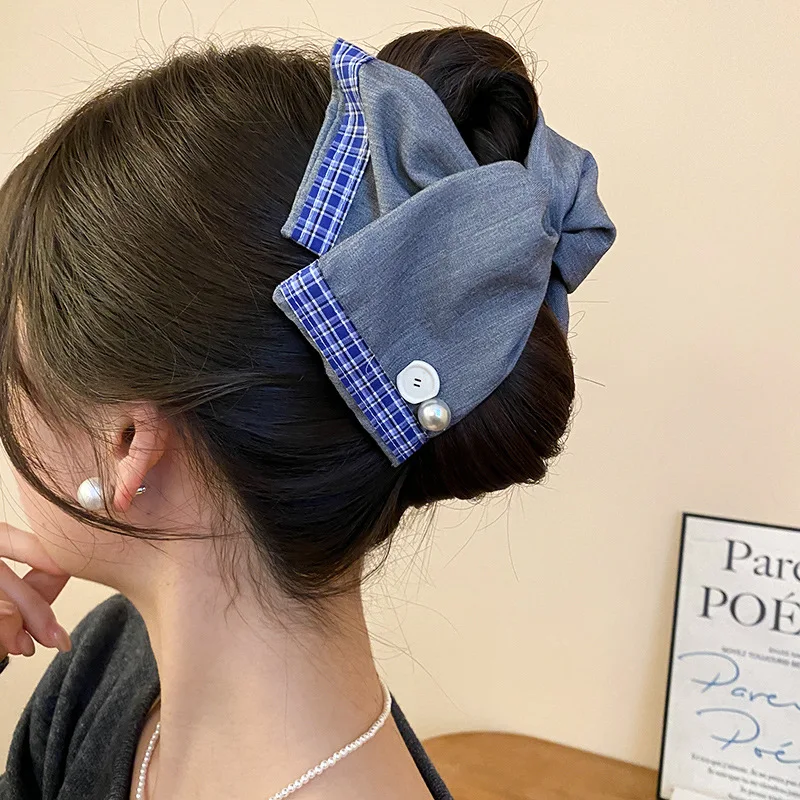 New Blue Gray Plaid Square Lace Scrunchie Button Pleated Acrylic Hair Claw Clips for Women Temperament Hairbands Ponytail Holder