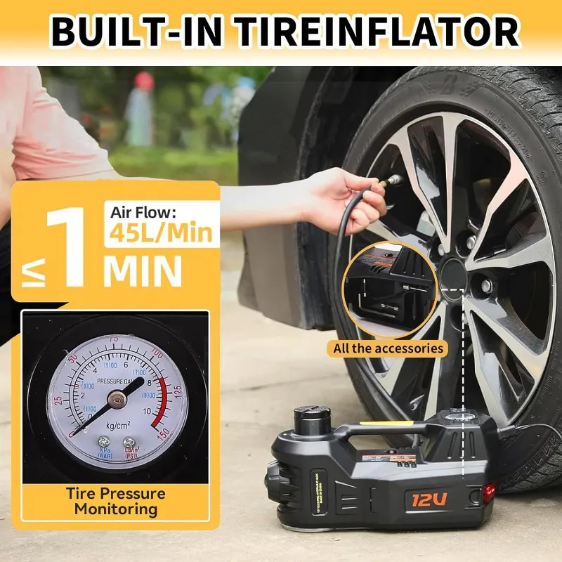 طقم جاك السيارة الهيدروليكية الكهربائية 5 طن 12 فولت نطاق الرفع المحمول 17.7 بوصة مع مفتاح ربط الصدمات ومضخة نفخ الإطارات