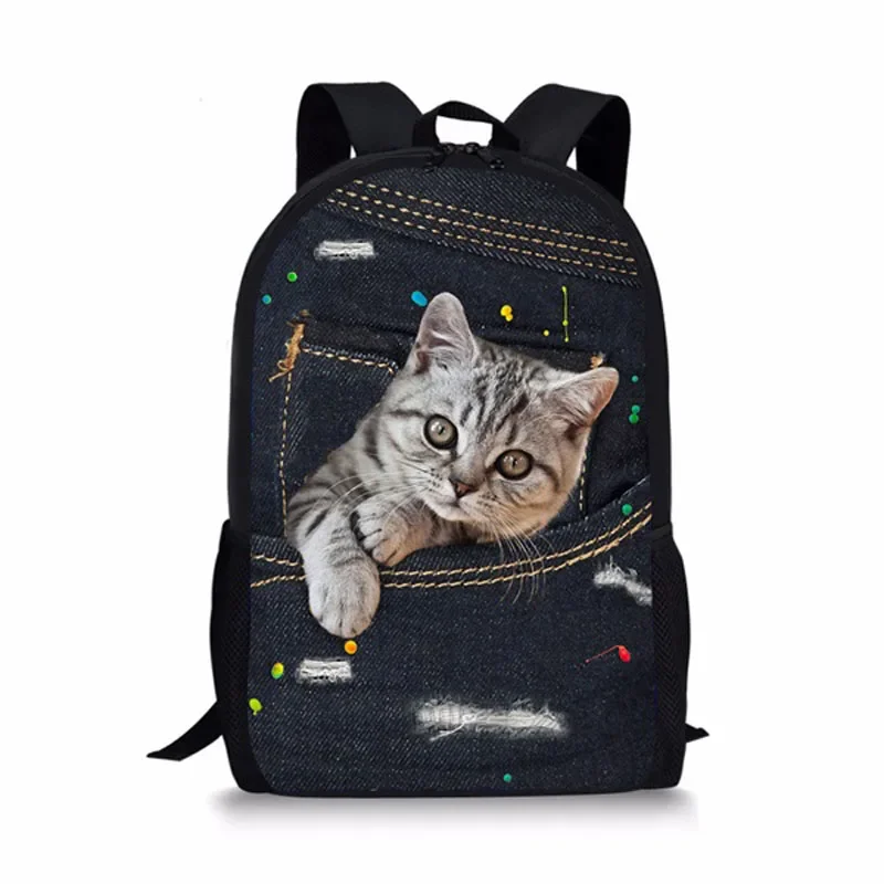 

Black Denim Pocket Cat Student School Bag Kitten Printed Backpack Teenager Daily Casual Backpack Women Men Travel Rucksacks