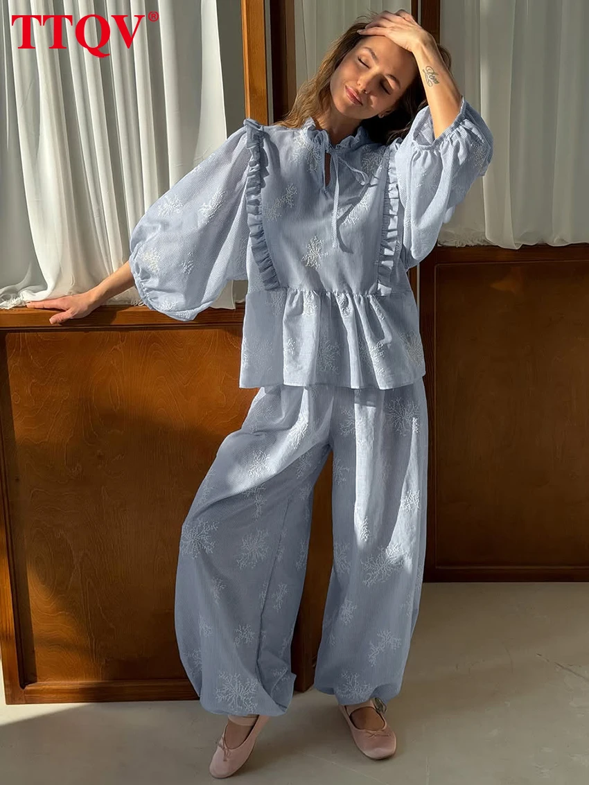 

TTQV Fashion Loose Blue Cotton Women Two Pieces Set 2026 Casual Long Sleeve Shirt With High Waist Wide Pants Set Female Clothes