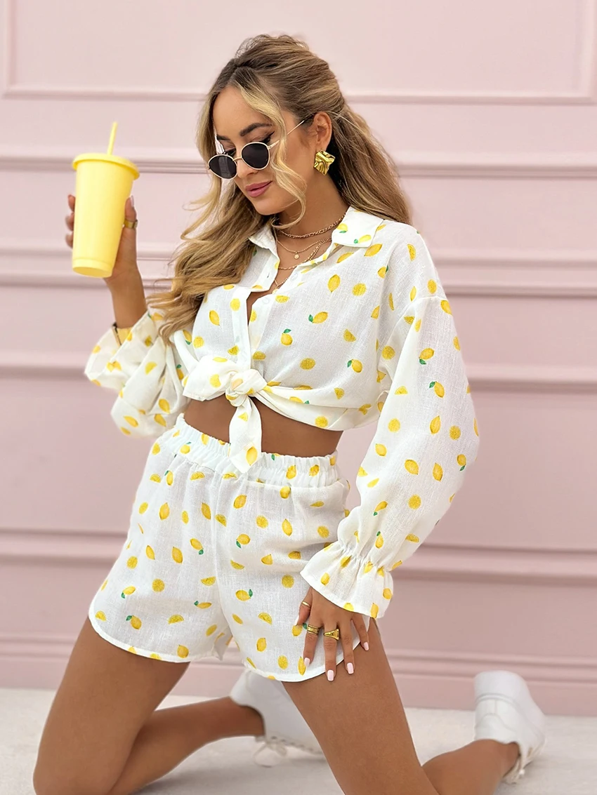 Marthaqiqi Casual Female Nightgowns Set Turn-Down Collar Sleepwear Long Sleeve Pajama Shorts Printing Loose Women Nightwear Suit
