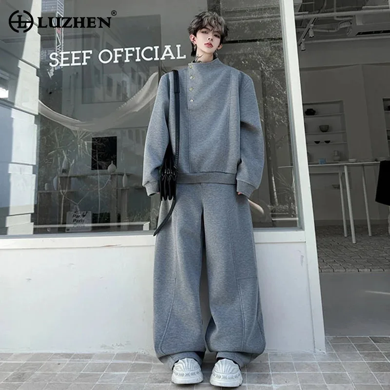 

LUZHEN модные красивые комплекты из двух предметов, мужские однотонные толстовки с боковыми пуговицами 2025, пуловер, свободные повседневные брюки JY4363