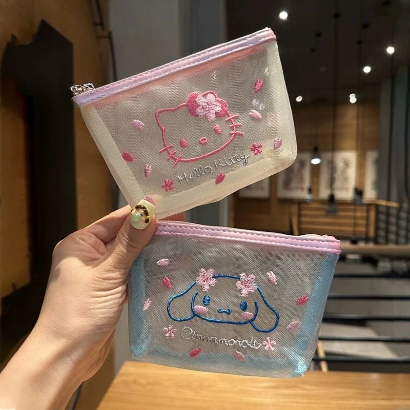 Sanrio Cherry Blossom Series Mesh Storage Bag Cartoon Hello Kitty Embroidered Cosmetic Coin Card Handbag Transparent Wash Bag