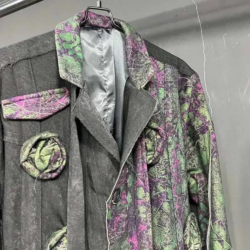 Men's Coat Design Splice Flower Knitted Printing Paint Suit Loose Fashion 2024 Long Sleeve Male Blazer Casual  GHTY7