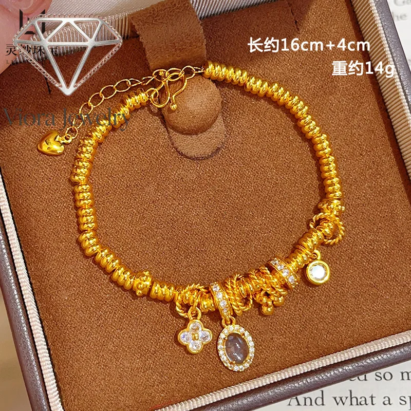 Viora Jewelry Longxin same style 9999 white diamond pigeon egg lucky grass dish bracelet 24K real gold running ring bubble brace