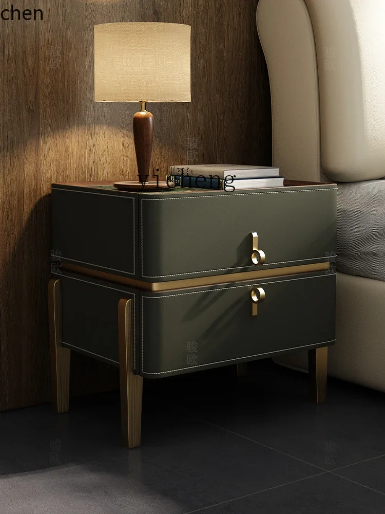 d8  master bedroom modern premium saddle leather light luxury minimalist rock slab bedside storage cabinet
