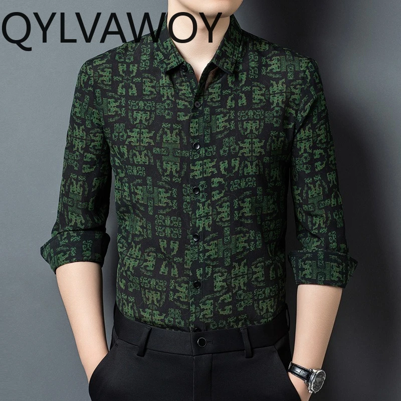 QYLVAWOY 92.5% Mulberry Silk Men's Shirts Clothes for Man Stylish Spring Autumn Shirts Long Sleeves Retro Tops High-end Casual